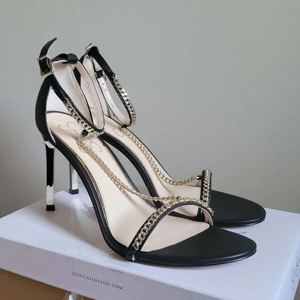 Jessica Simpson Qiven Chain T-Strap Dress Sandals,Black/Gold,9.5 - Picture 12 of 16
